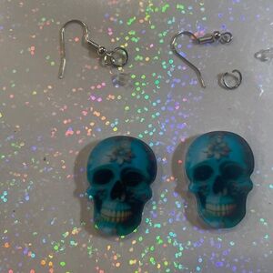 (DIY KIT)
 Blue Skull Earrings with Flower Detail